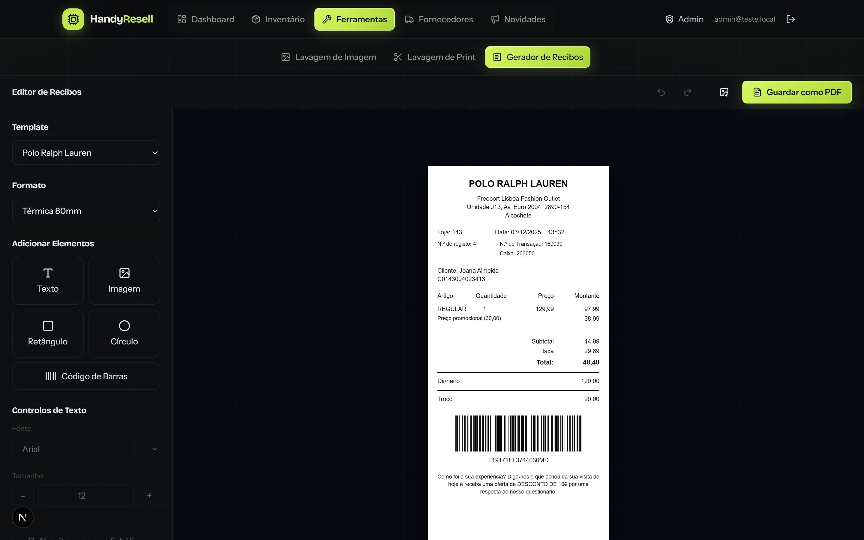 Gerador de recibos com template Polo Ralph Lauren